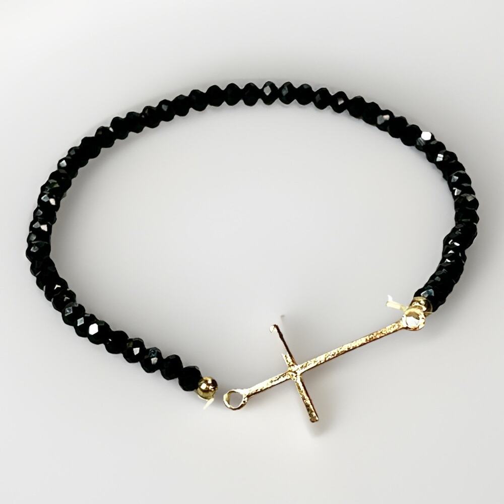 Gold Plated Christian Cross 925 Ster Silver Black Onyx Bead Stretch Bracelet